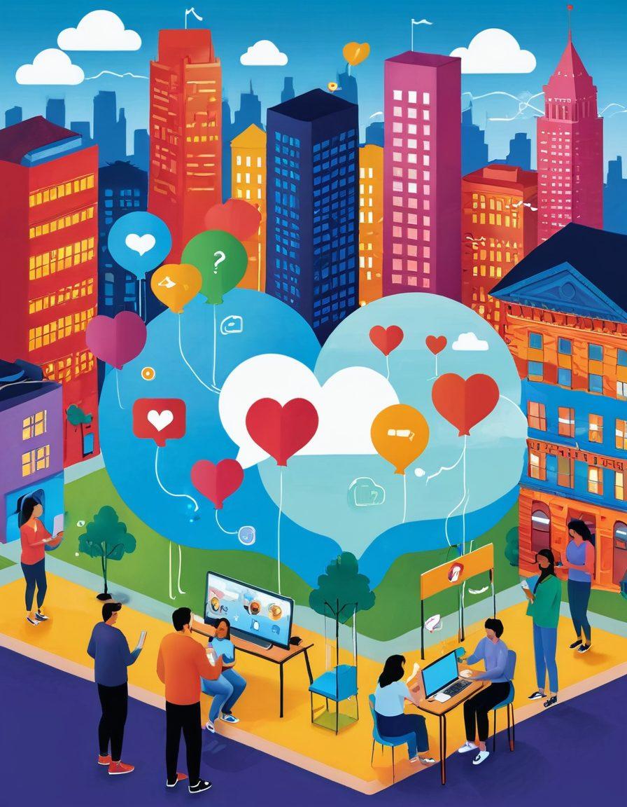 A vibrant digital landscape featuring diverse community members engaging with interactive articles on various devices, surrounded by icons symbolizing communication and engagement, like speech bubbles and heart emojis, with a background of a stylized cityscape representing connectivity. bright colors. 3D. vibrant illustration.