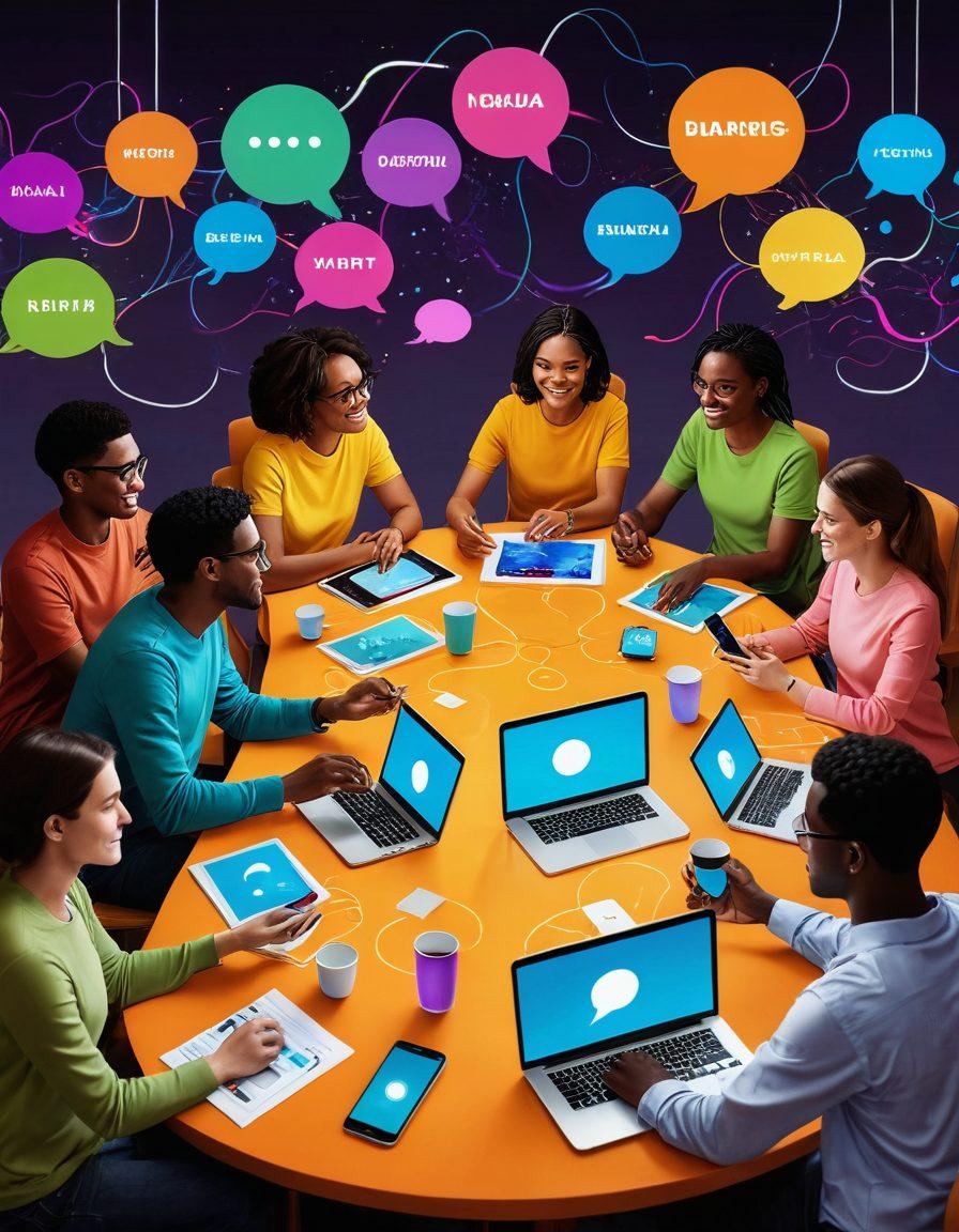 A vibrant digital community scene featuring diverse individuals engaged in meaningful conversations around a virtual table, with glowing chat bubbles symbolizing mature content. Integrate elements of technology like smartphones and laptops to depict the digital age, with a warm atmosphere that encourages connection and dialogue. Use bright, engaging colors to emphasize inclusivity and community spirit. super-realistic. vibrant colors. digital art.