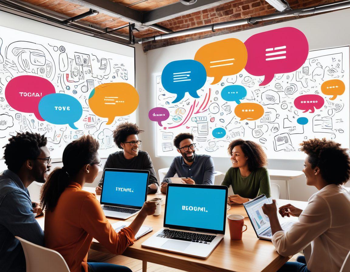 A vibrant scene of diverse individuals engaged in passionate discussions around a large table filled with laptops, notebooks, and coffee cups. Above them, thought bubbles illustrate various ideas and topics being exchanged, symbolizing the flow of knowledge. The background features a digital screen displaying blog pages and forum posts. The atmosphere is dynamic and collaborative, showcasing empowerment through technology and communication. colorful illustration. modern style.